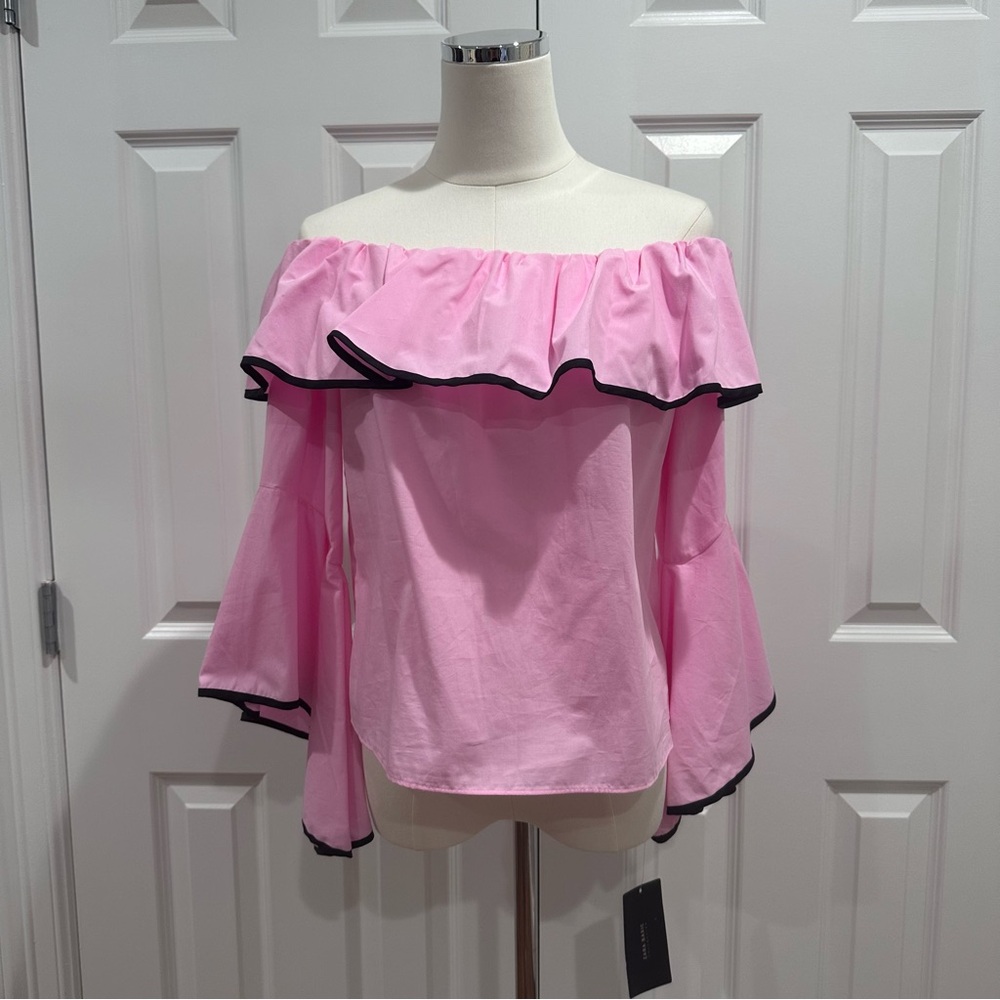 NWT Zara Off-Shoulder Boho Ruffle Pink Black Accents Bell Sleeve Blouse Size S